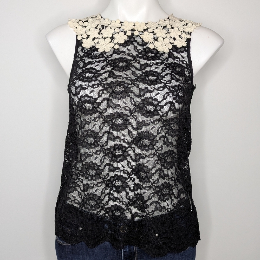 ✨3/$15 E by Eloise black cream lace Peter Pan collar tank top XS